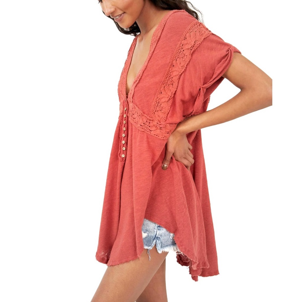 Free People Way Out There Tunic Oversized Lacey Button Up Tee in Warmstone